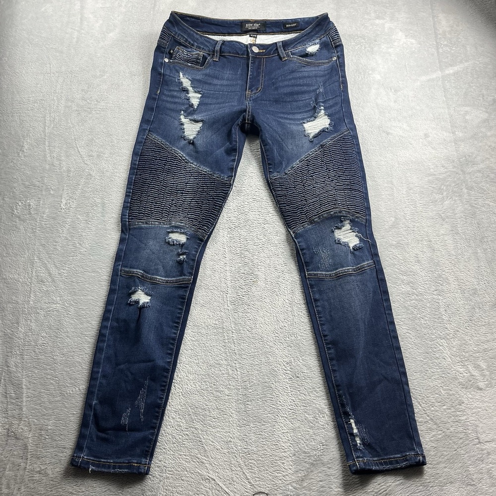 Judy Blue Jeans Womens 9/29 Skinny‎ Fit Destroyed Moto Dark Wash Blue Stretch